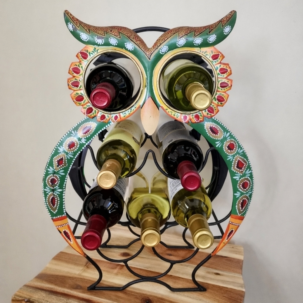 Pier 1 Handpainted Owl Metal Wine Rack Holds 9 Bottles Rustic Farmhouse